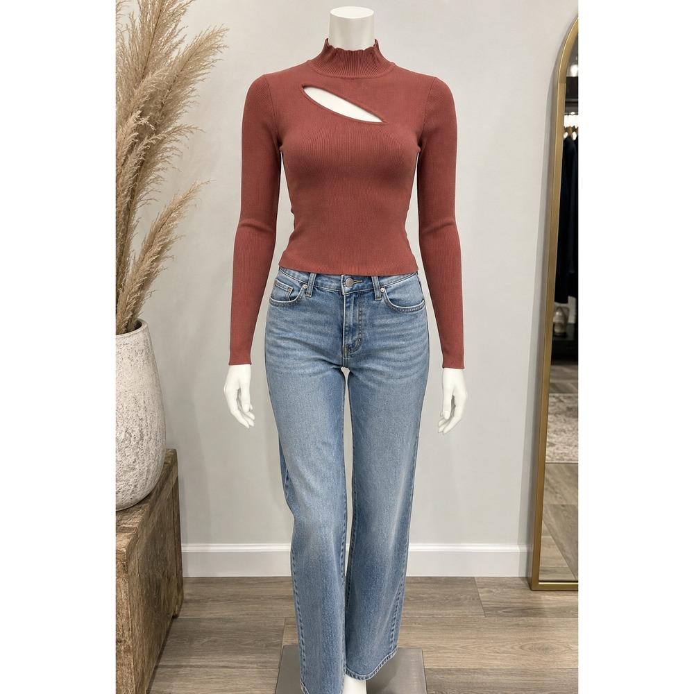 Active USA Cutout Mock Neck Top M Rust Y2K Fitted Long Sleeve
